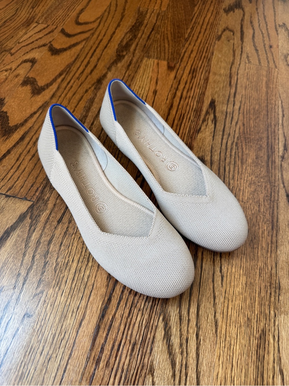 Rothy's Beige Knit Ballet Flats with Blue Heel Trim